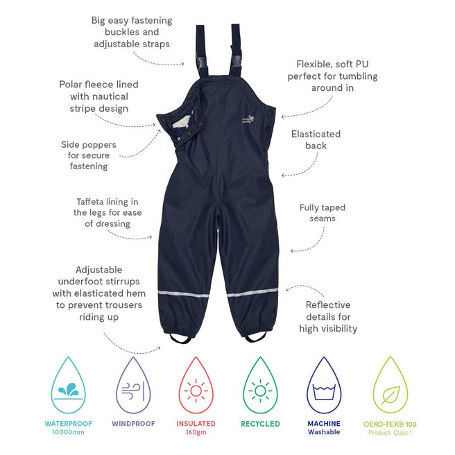 Puddleflex Waterproof Fleece Lined Dungarees Navy, detailing the features: waterproof, windproof, insulated, recycled and machine washable.